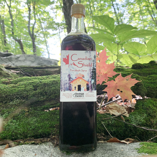 Denbigh Farms Canadian Shield Maple Syrup with maple leaves
